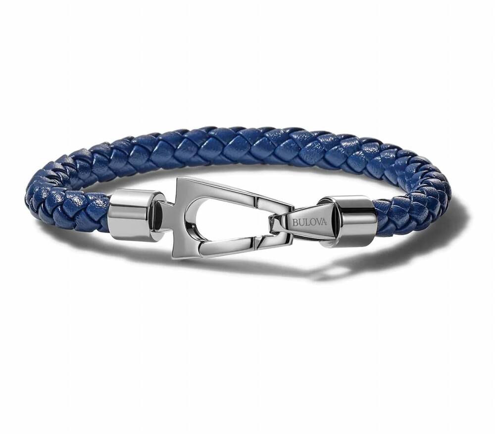 NEW BULOVA men's marine star braided leather bracelet with tuning fork clasp in